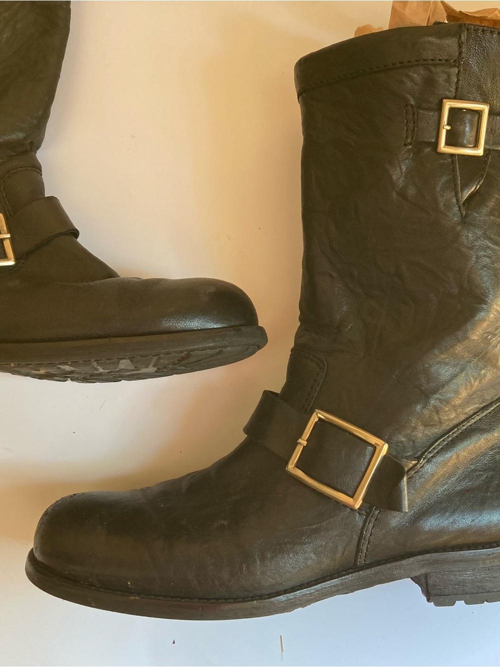 Jimmy Choo Black Leather Ankle Boots with Gold Logo Tag